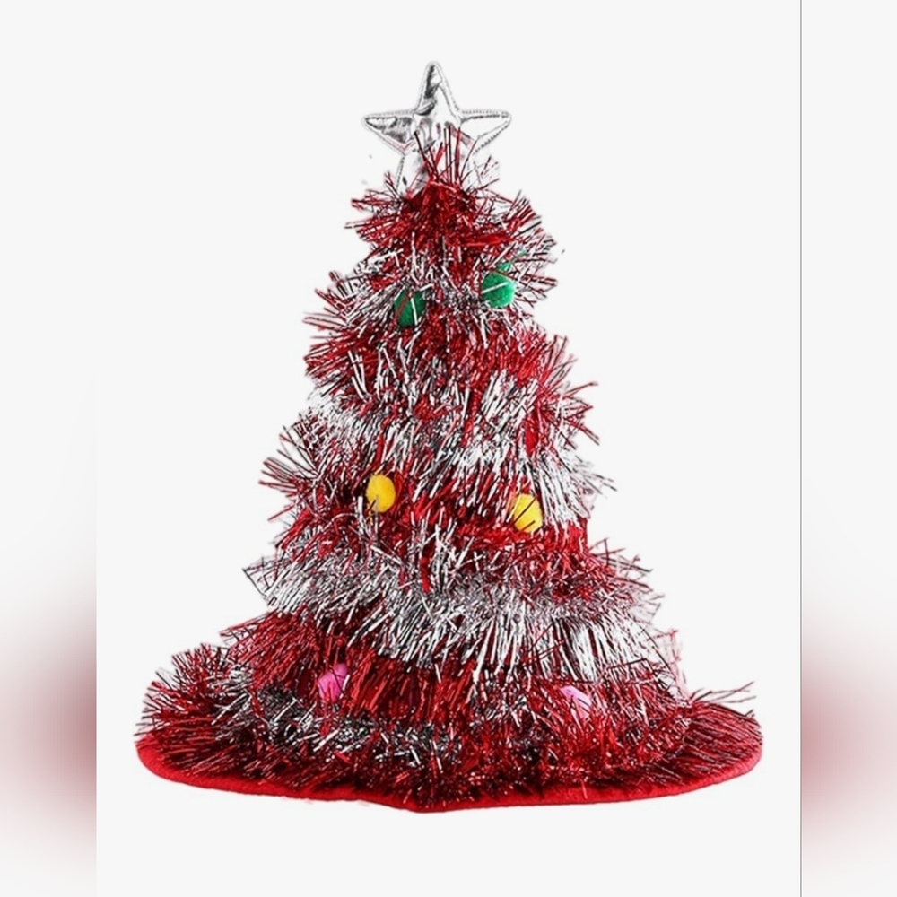 Christmas Tree Hat Red Silver Tinsel Santa Hat Five-pointed Star Christmas Xmas